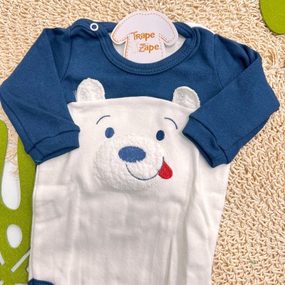 Conj. Body Manga Longa e Calça Ursinho - Off White e Marinho